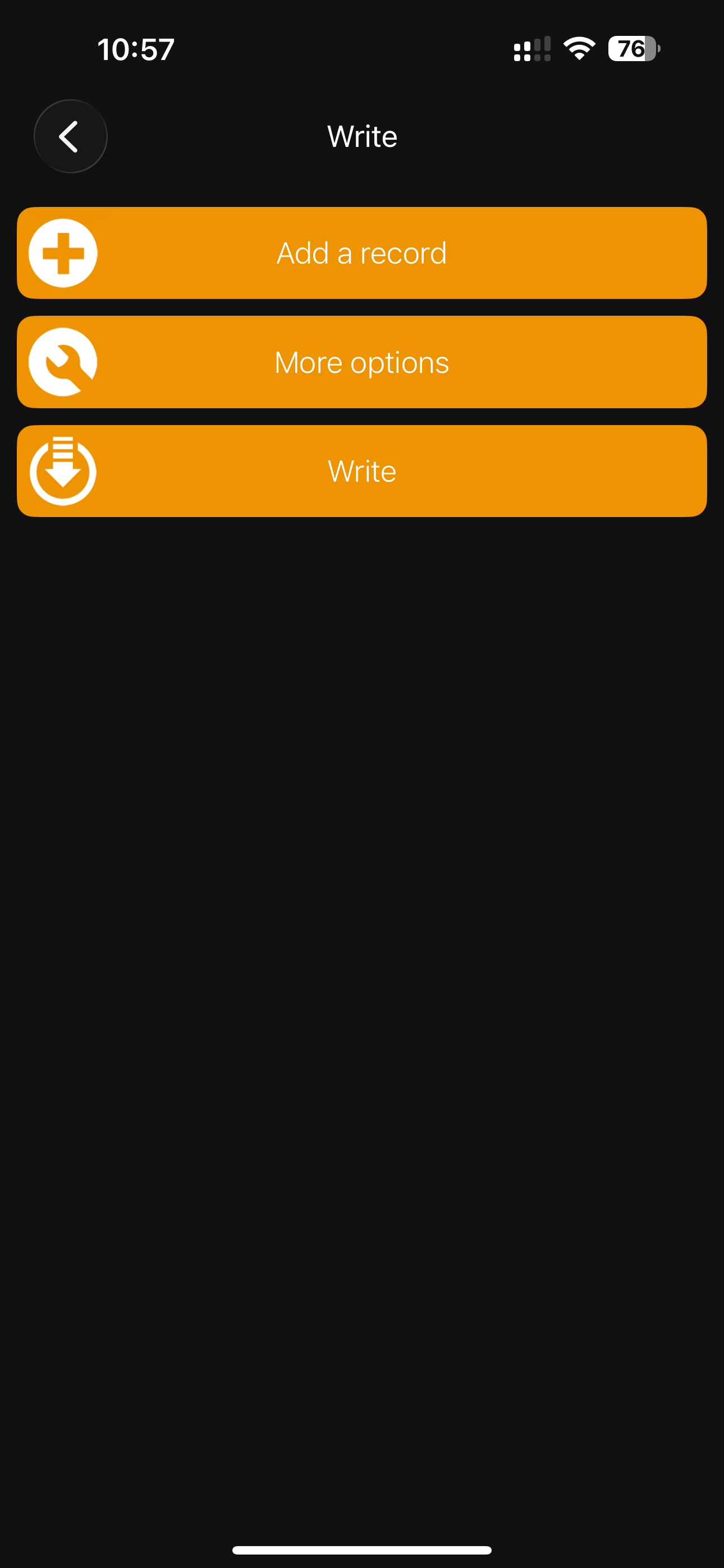 NFC Tools Write screen with Add a record and Write options.