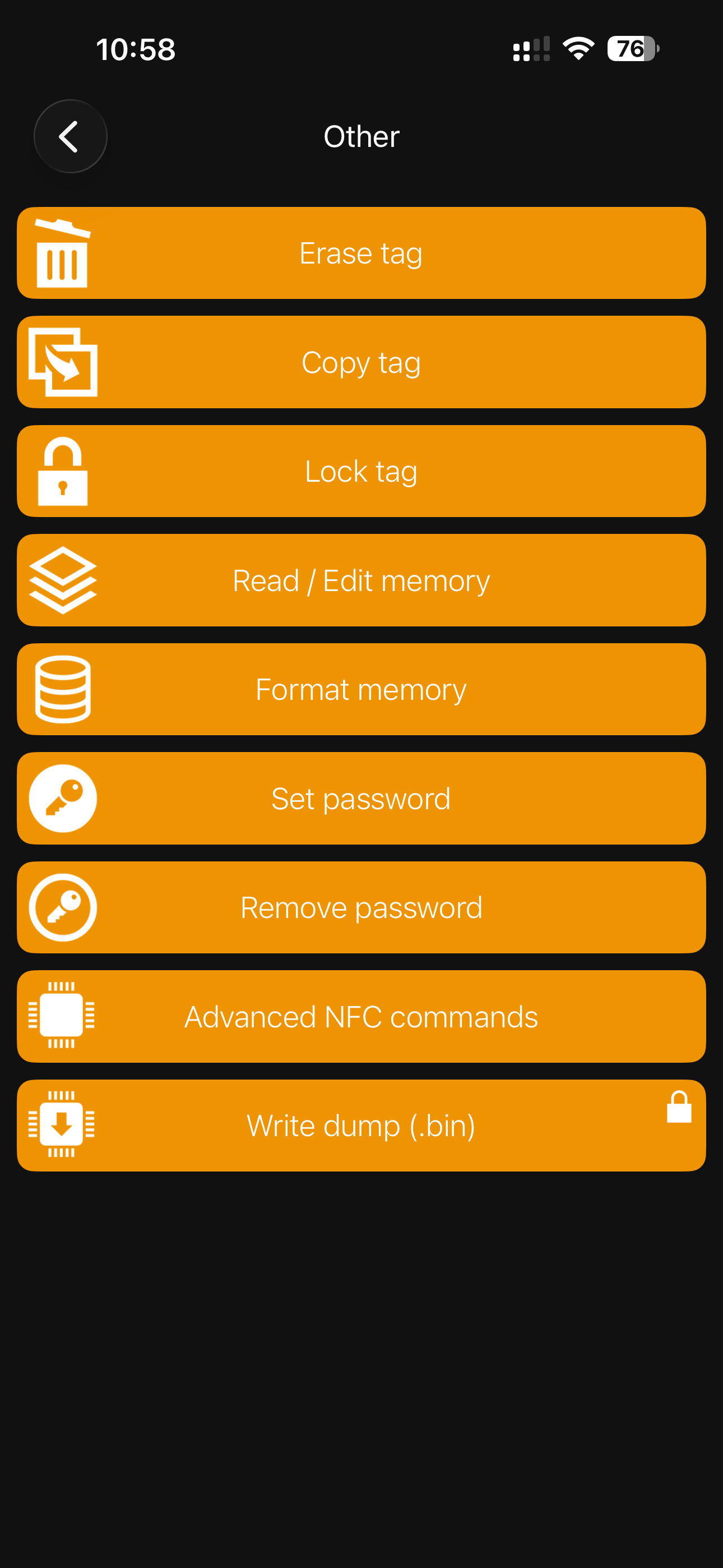 NFC Tools Other menu showing tag management options, including Lock tag.