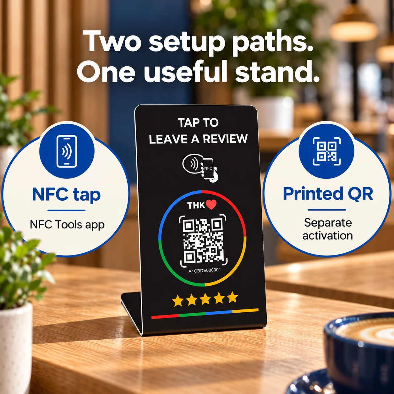 Diagram-like photograph showing separate NFC Tools and printed QR activation paths.