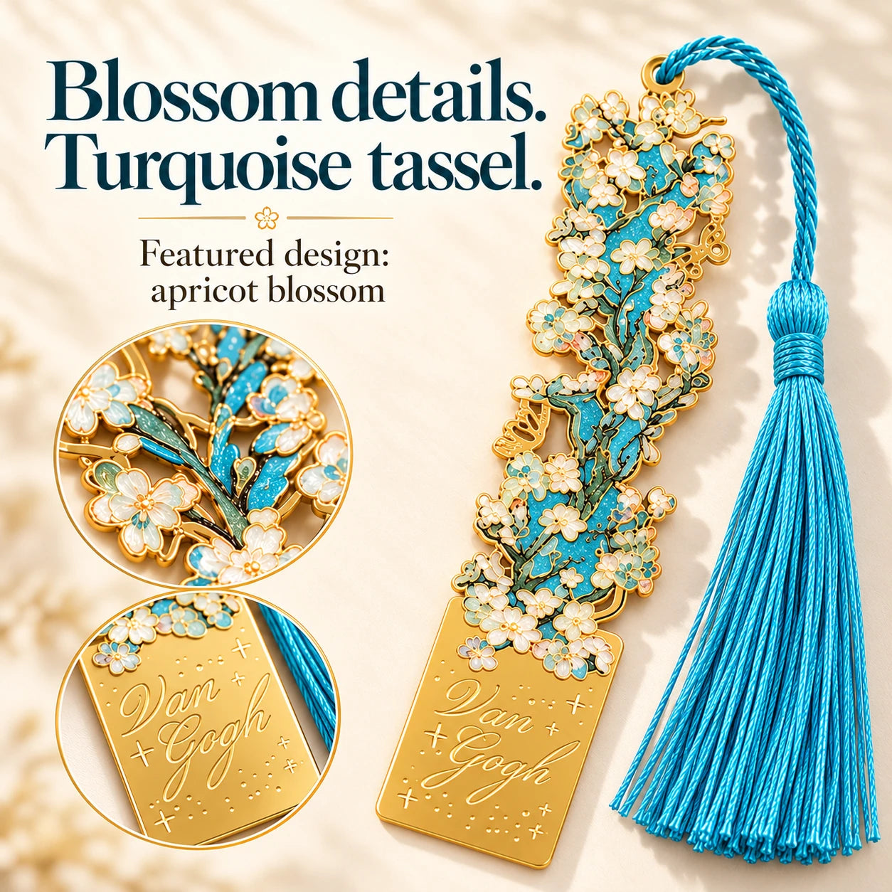 Details of the featured apricot blossom design and turquoise tassel; one bookmark.