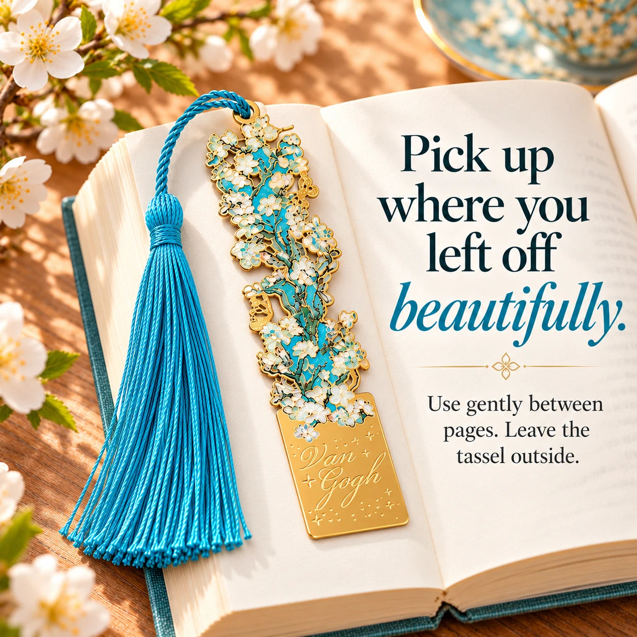 Lay the bookmark gently between pages and keep the tassel outside.