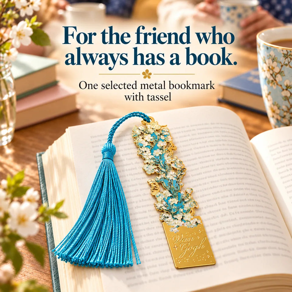 One selected metal bookmark in a styled book-lover gathering.