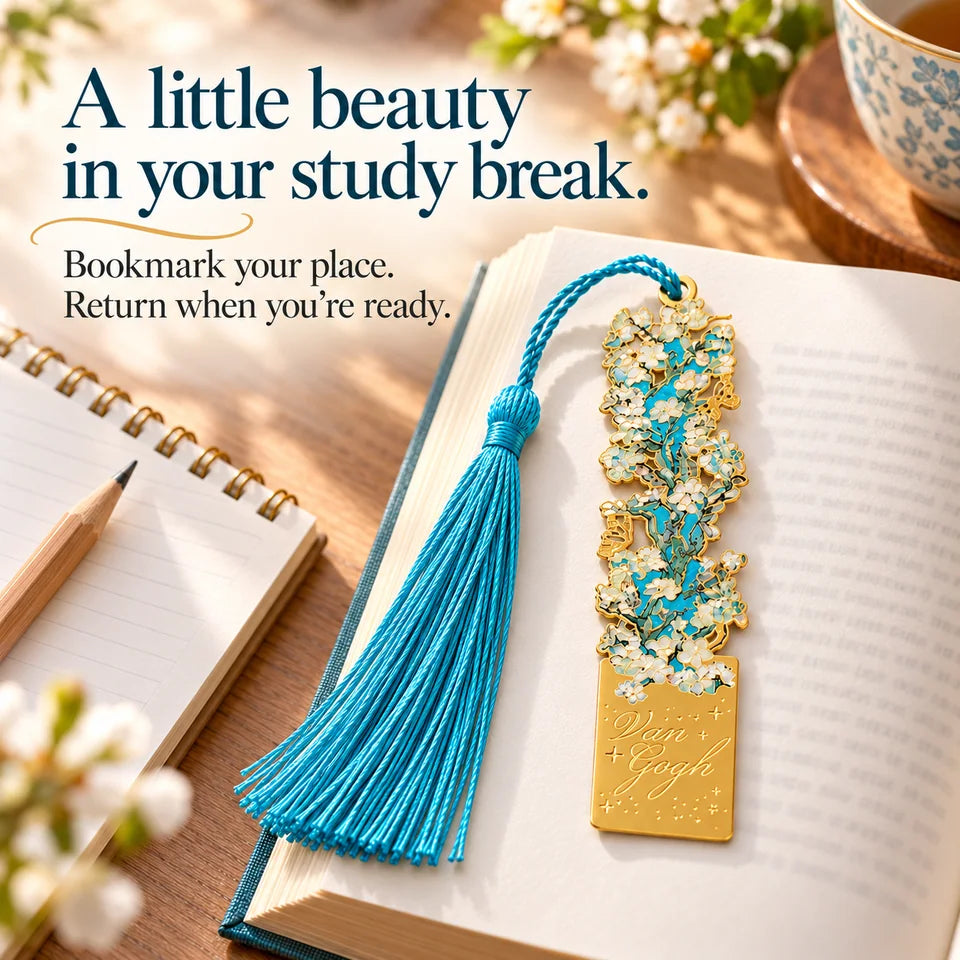 The blossom bookmark in a styled study-break setting, without a productivity claim.