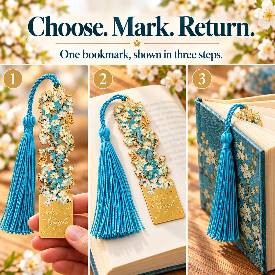 One blossom bookmark shown across three gentle-use steps.