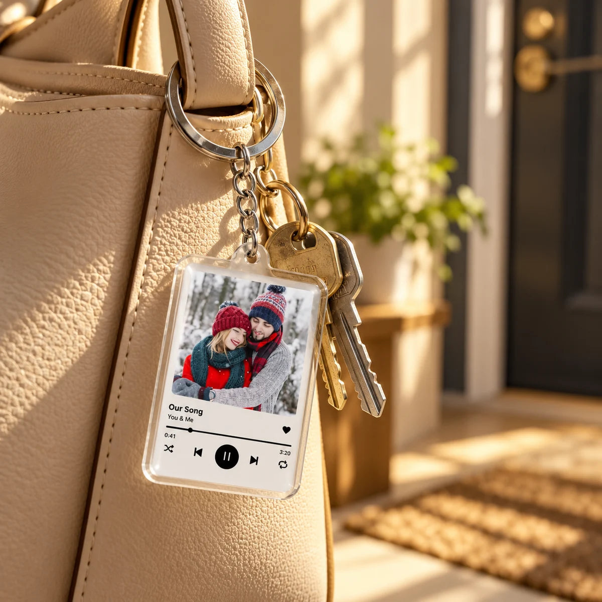 Photo keychain attached to a handbag with keys