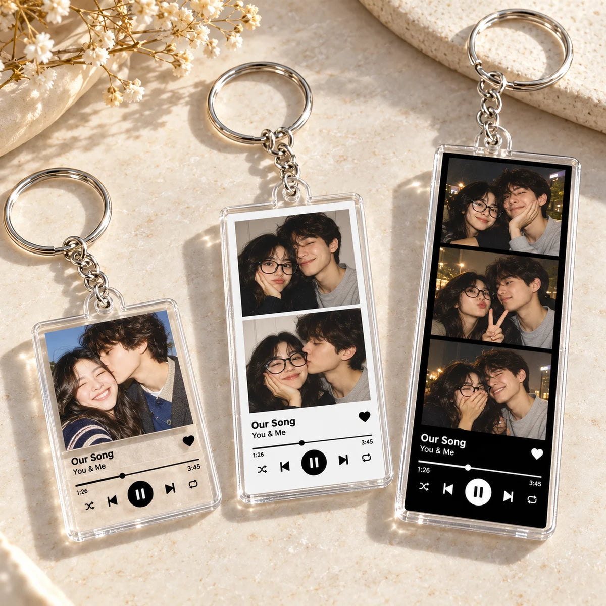 One, two and three photos stacked on individual keychains
