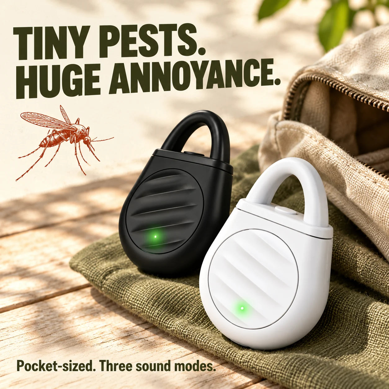 AI-created Pocket Outdoors artwork: Black and White devices in an outdoor packing scene, TINY PESTS. HUGE ANNOYANCE. headline and a static mosquito drawing.