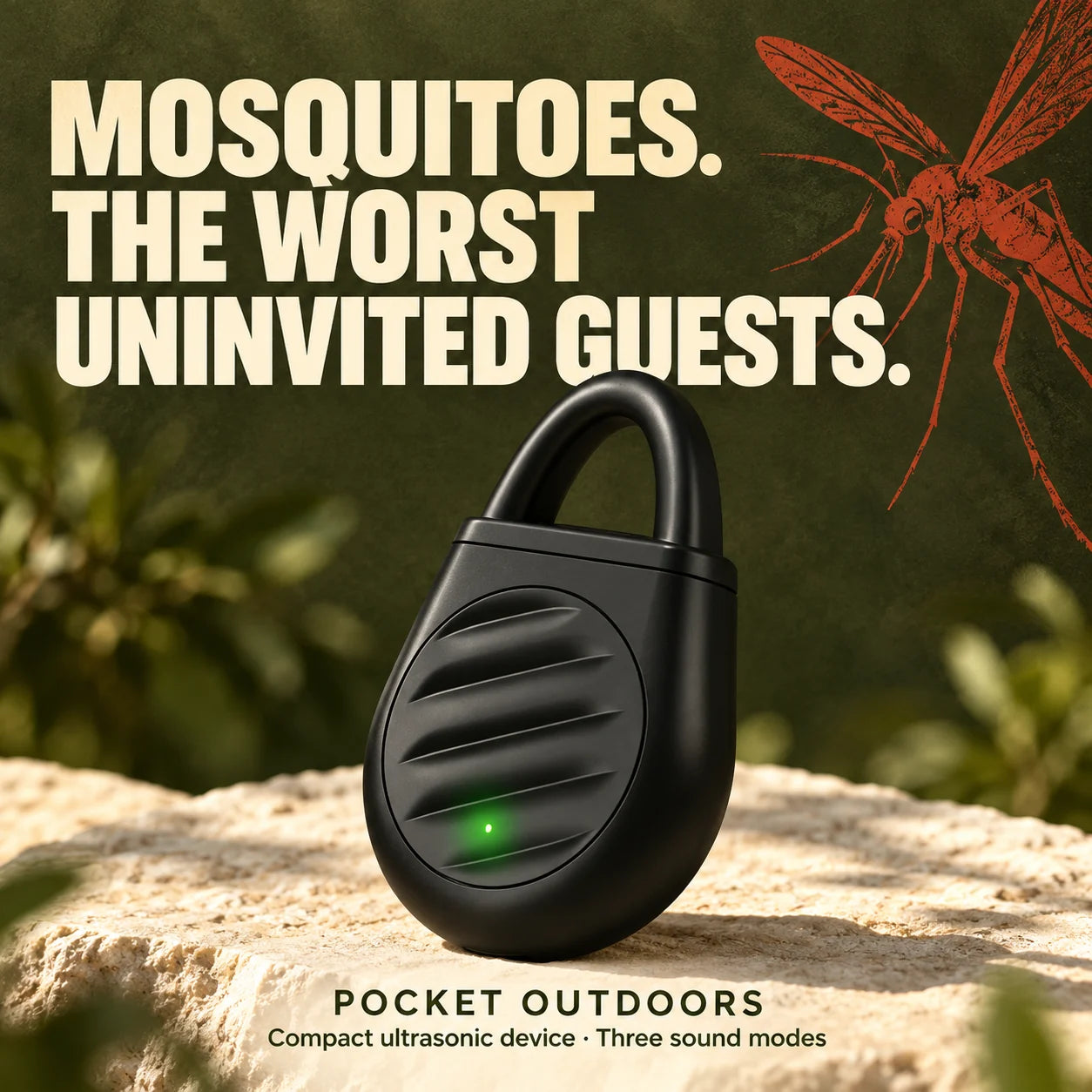 AI-created Pocket Outdoors artwork: black compact ultrasonic device with MOSQUITOES. THE WORST UNINVITED GUESTS. headline and a static mosquito drawing.
