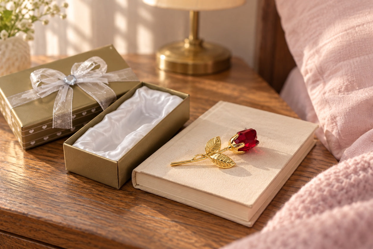 Ruby and gold rose on a bedside book.