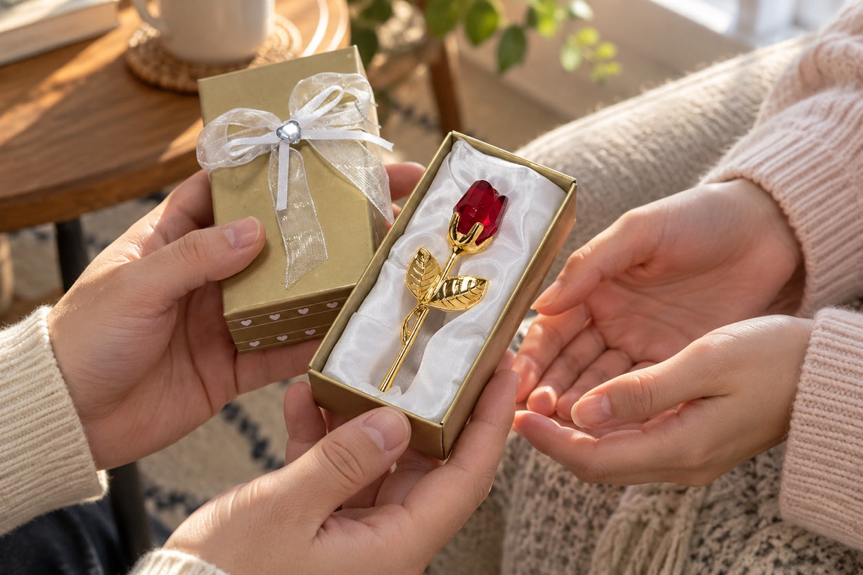 A small rose gift being passed between two people.