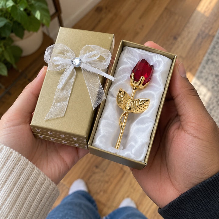 Ruby and gold rose gift passed between two people.