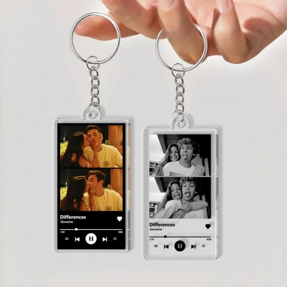 Actual supplier photo of black and white two-photo keychains held by the rings