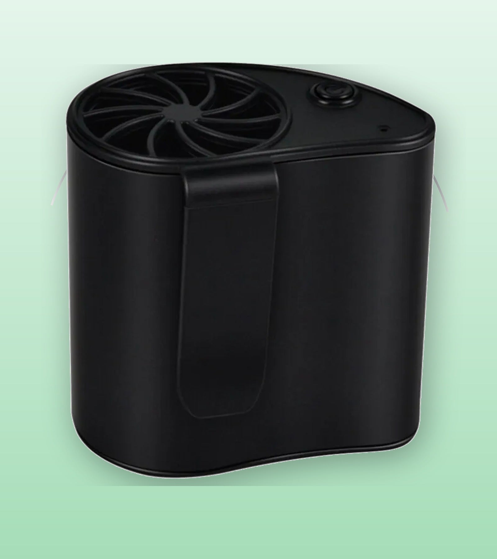 Black rechargeable waist fan with dual clips and an upward-facing fan outlet