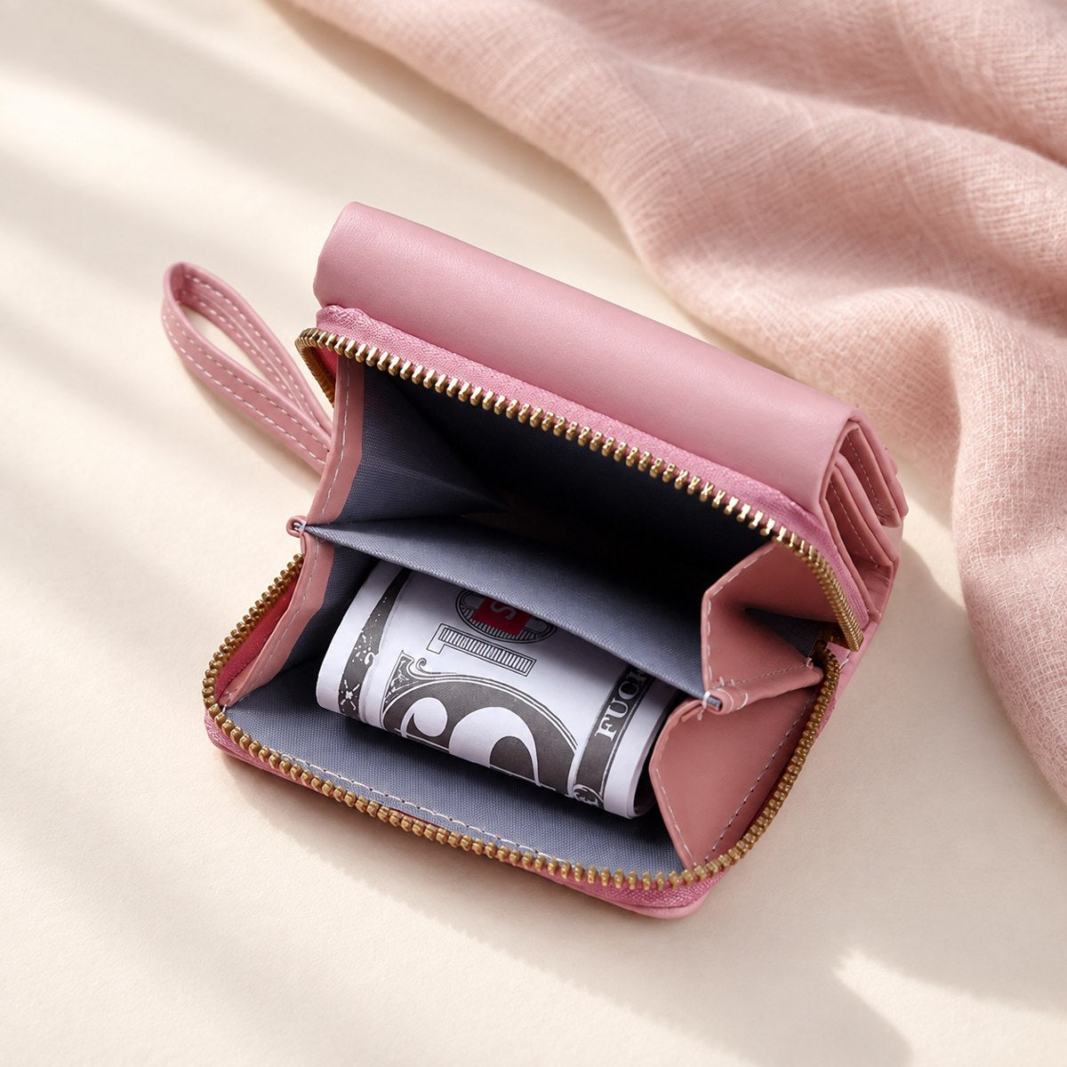 Rose wallet with the divided zip coin pocket open