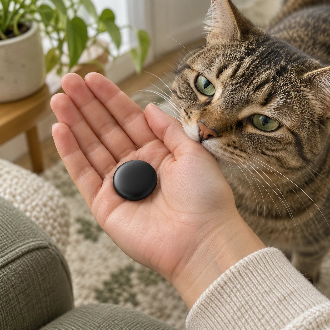 Cat-loving home scene featuring a small finder tag.