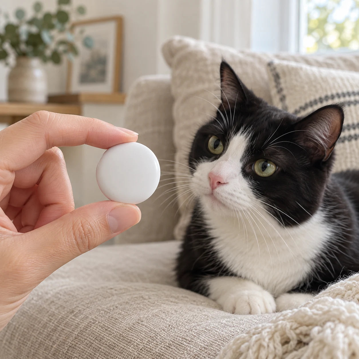 Cat-loving home scene featuring a small finder tag.