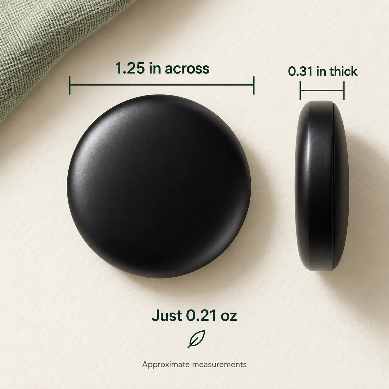 Finder tag measures approximately 1.25 inches across and 0.31 inches thick; weighs 0.21 ounces.