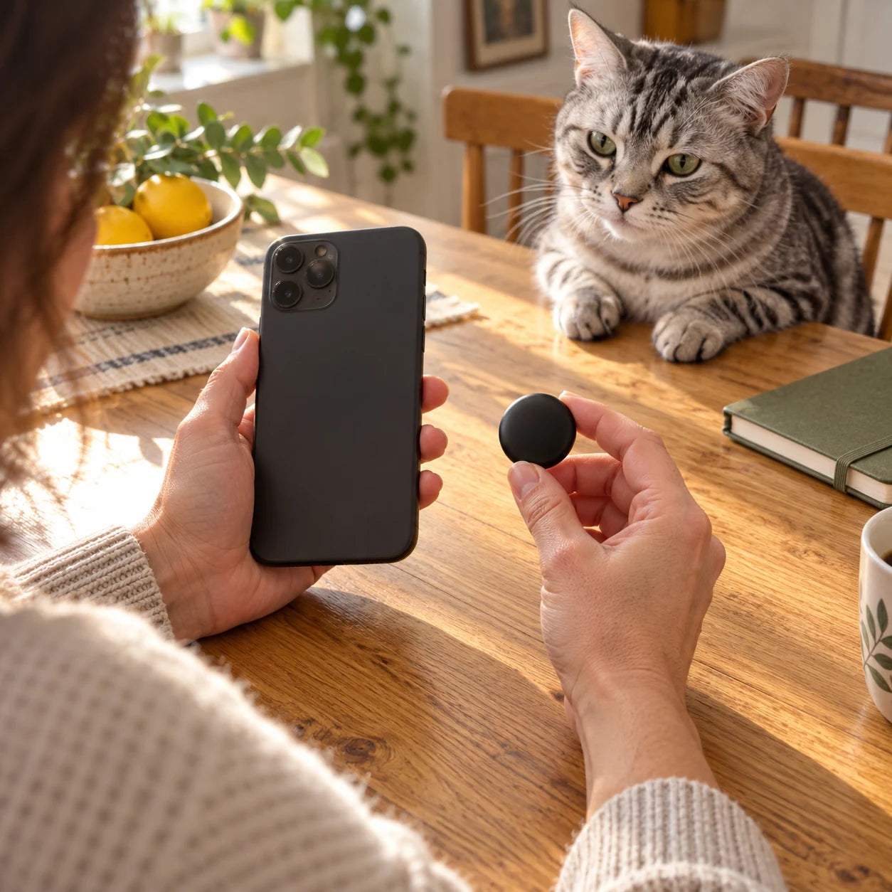 Pairing scene with an iPhone and small tag.