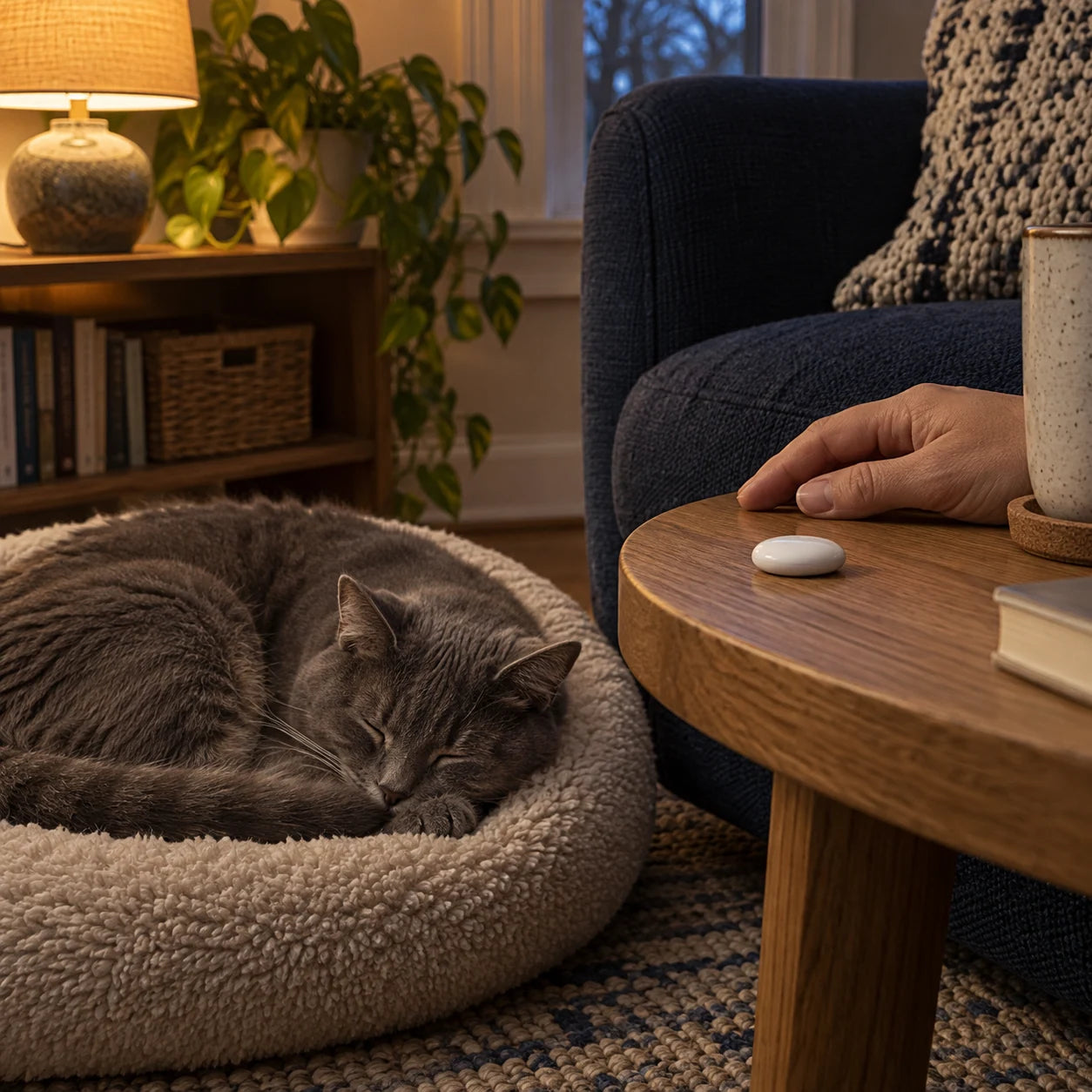 Cat-loving home scene featuring a small finder tag.