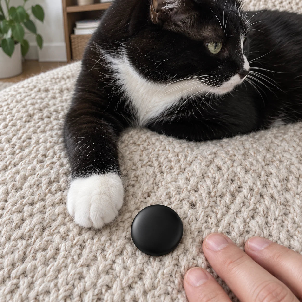 Cat-loving home scene featuring a small finder tag.