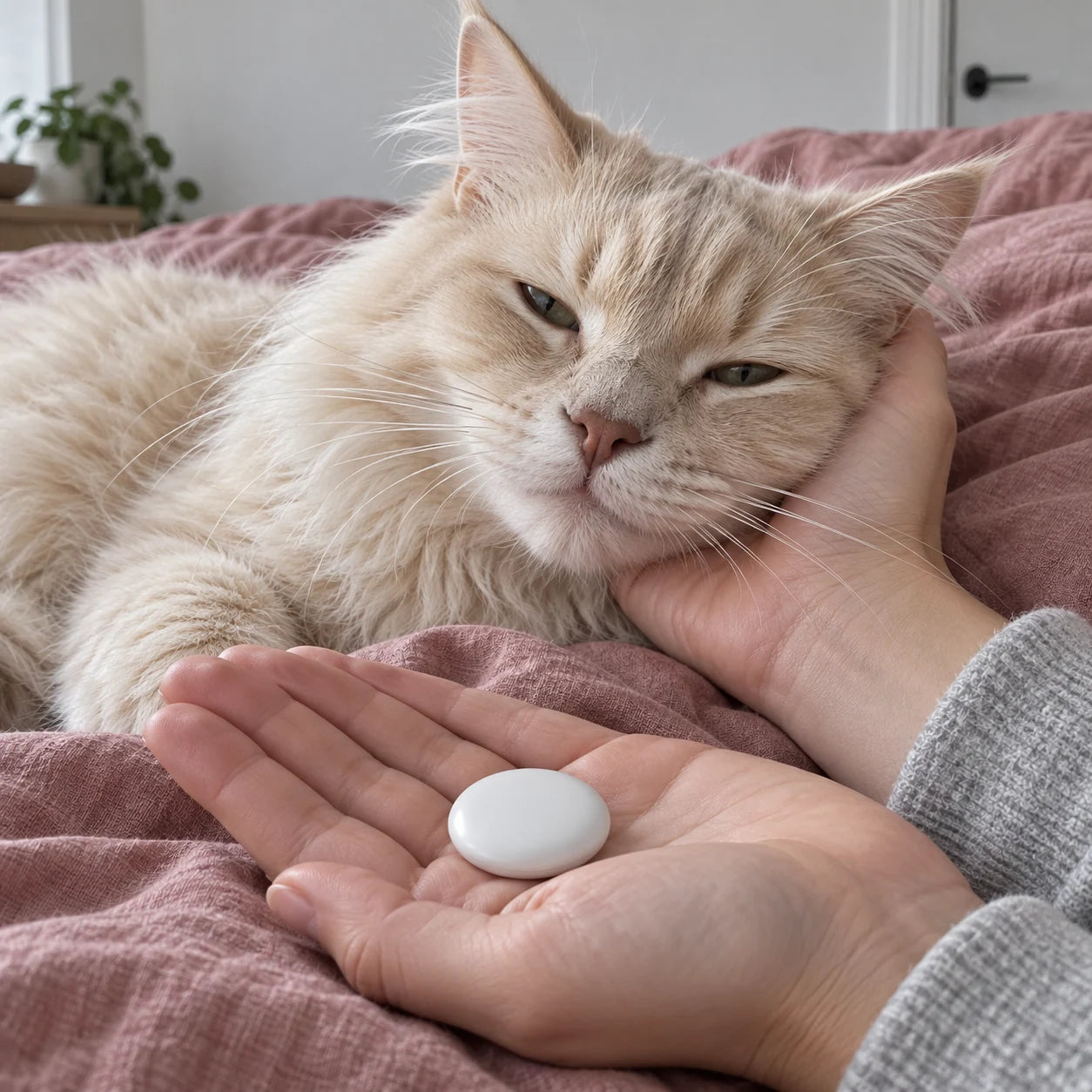 Cat-loving home scene featuring a small finder tag.