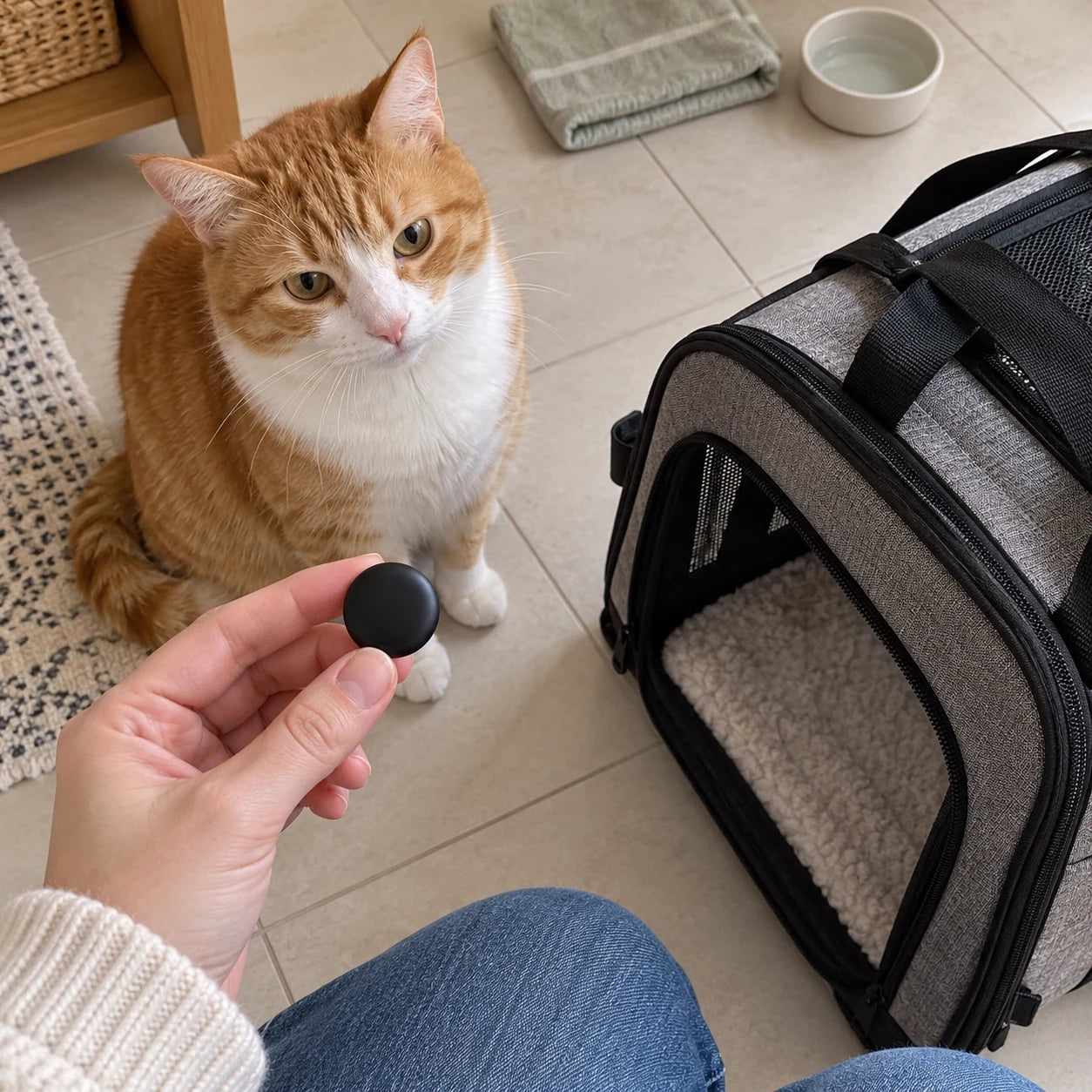 Cat-loving home scene featuring a small finder tag.