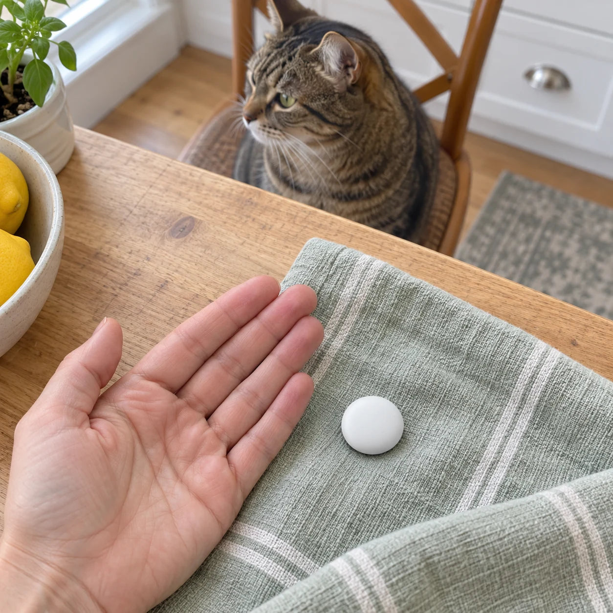 Cat-loving home scene featuring a small finder tag.