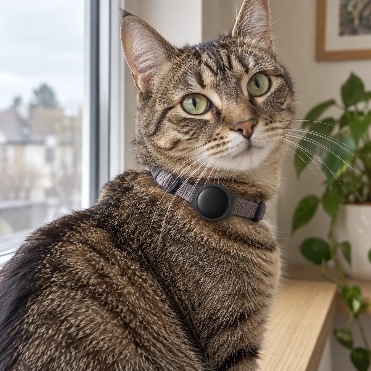 Tabby wearing a Black finder tag in a grey collar holder beside the window.