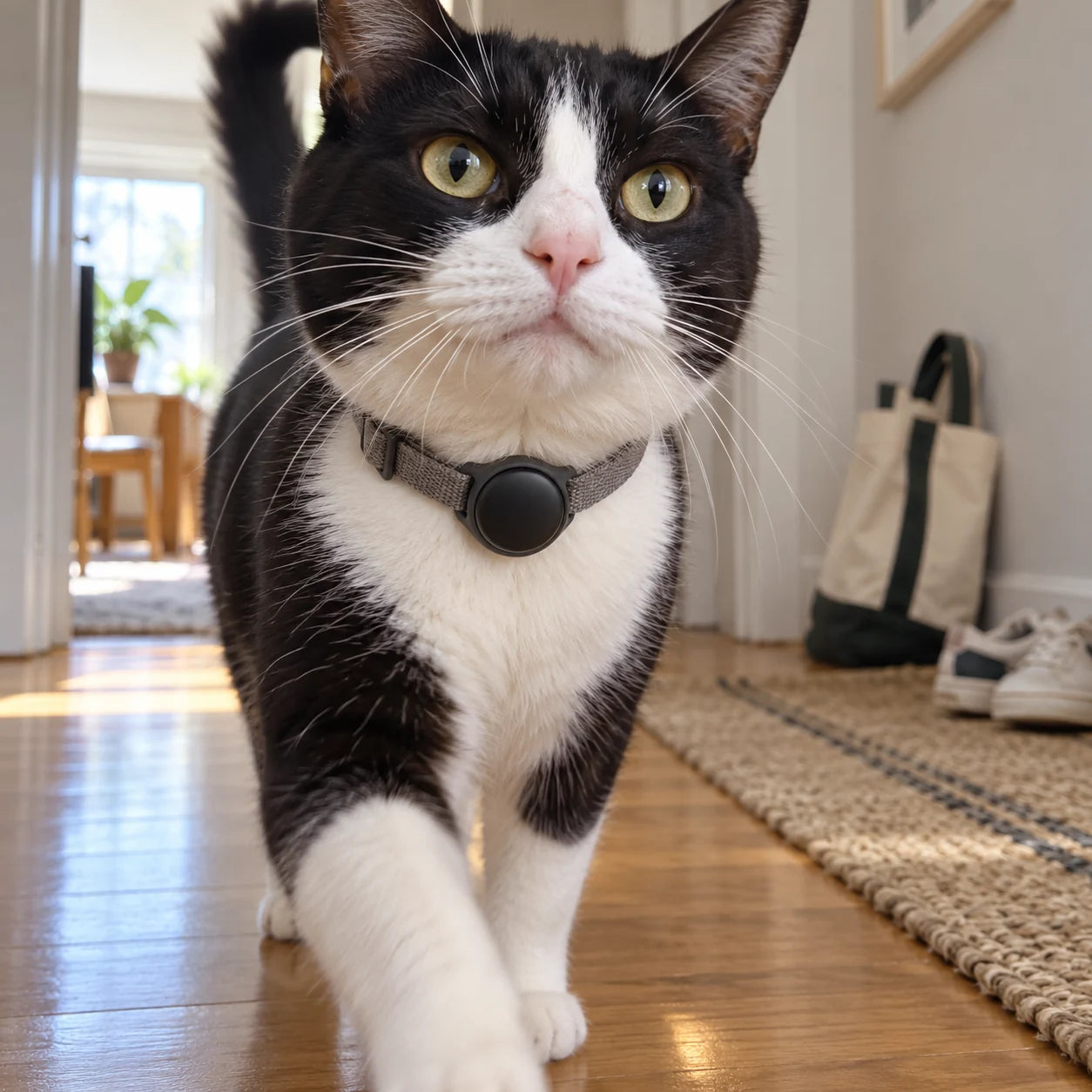 Tuxedo cat walking through a hallway wearing the Black finder tag.