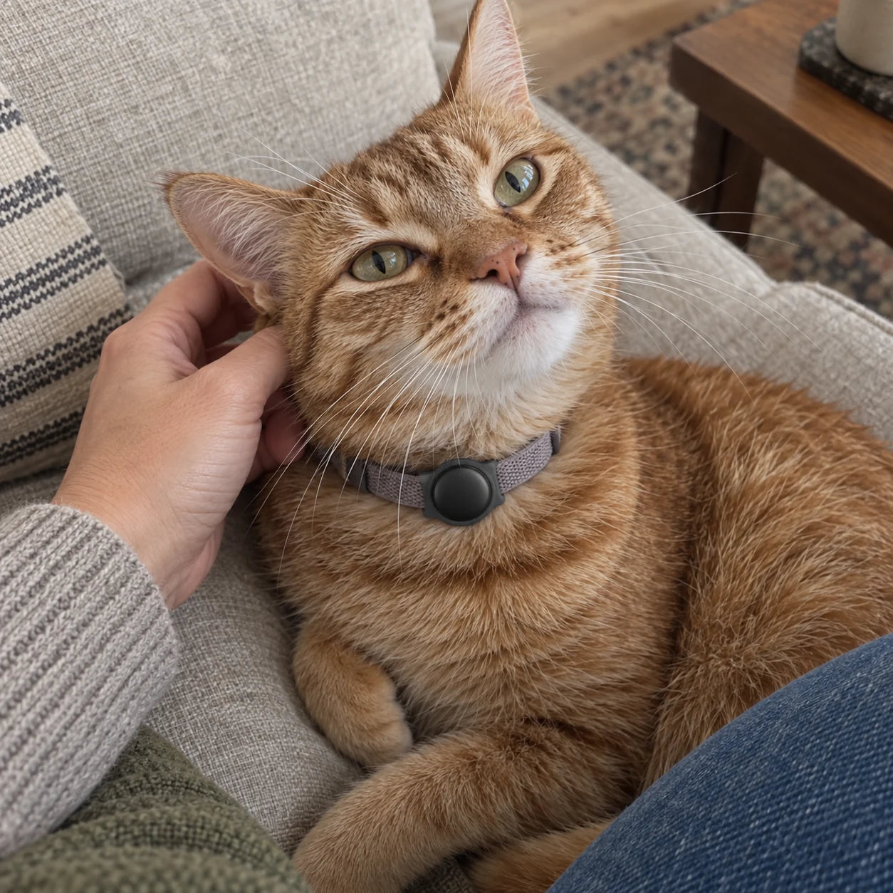Ginger cat wearing the finder tag while enjoying a scratch on the sofa.