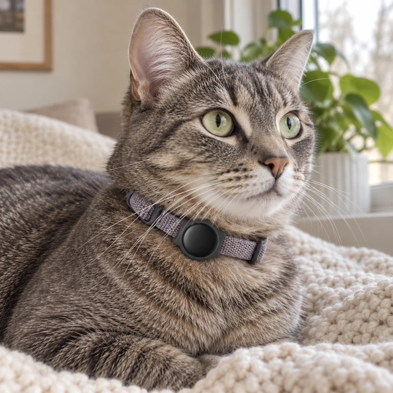 Close view of the Black finder tag worn in a collar holder.