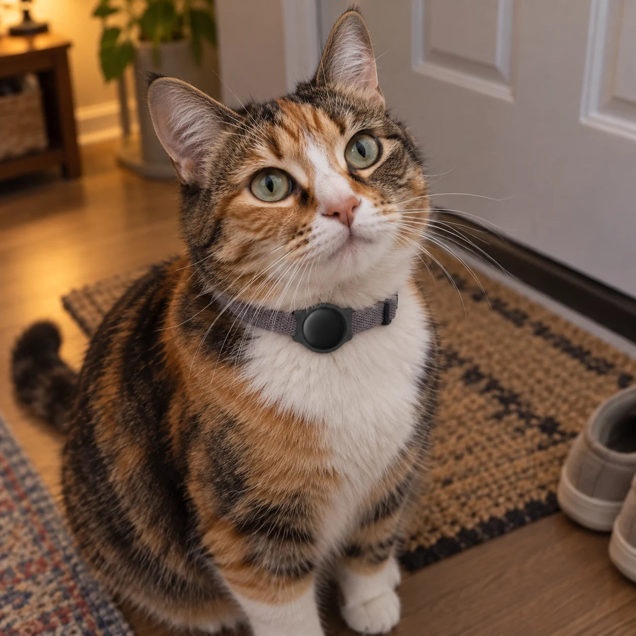 Calico wearing a finder tag near the closed front door at home.