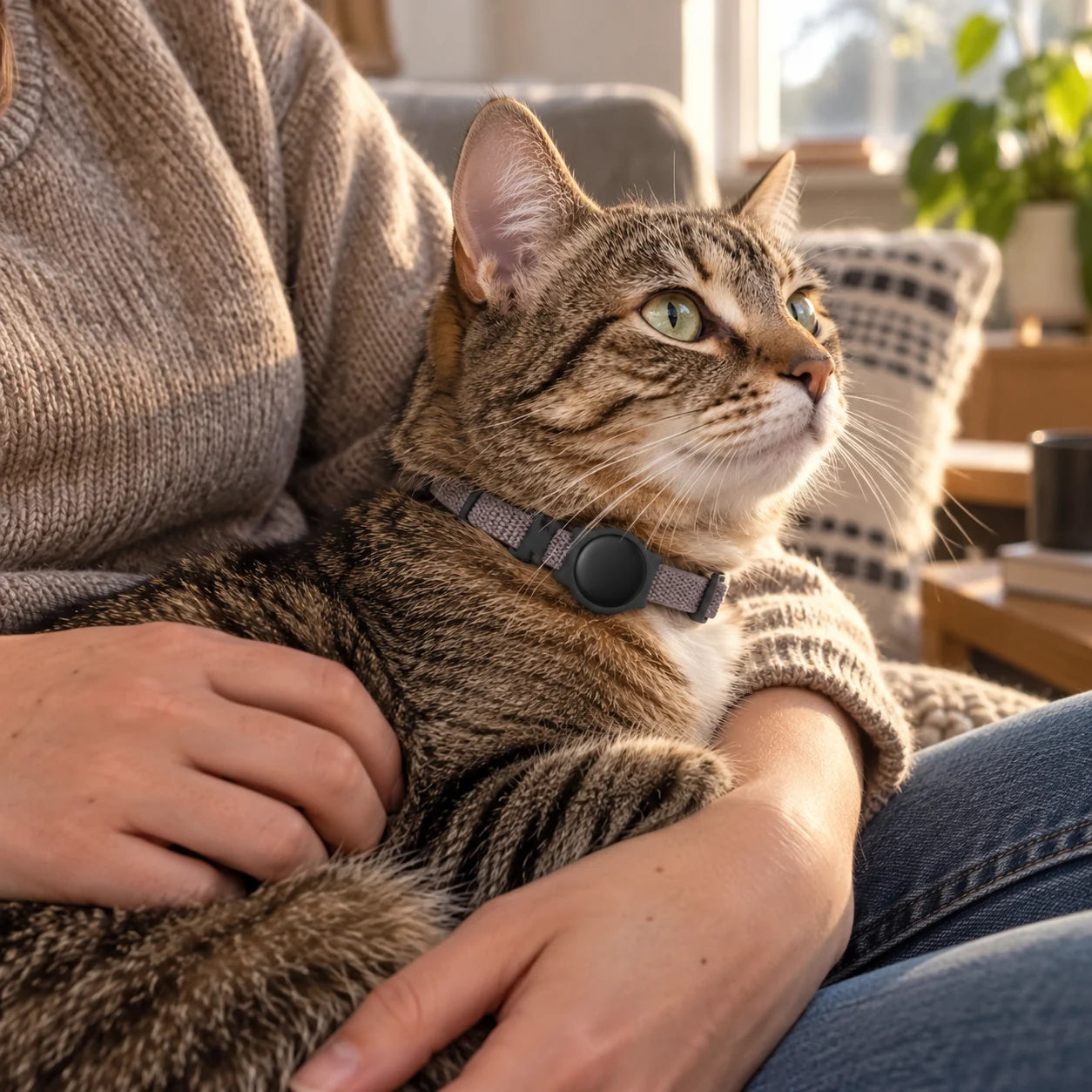 A cat wearing the finder tag while relaxing in its person's arms.