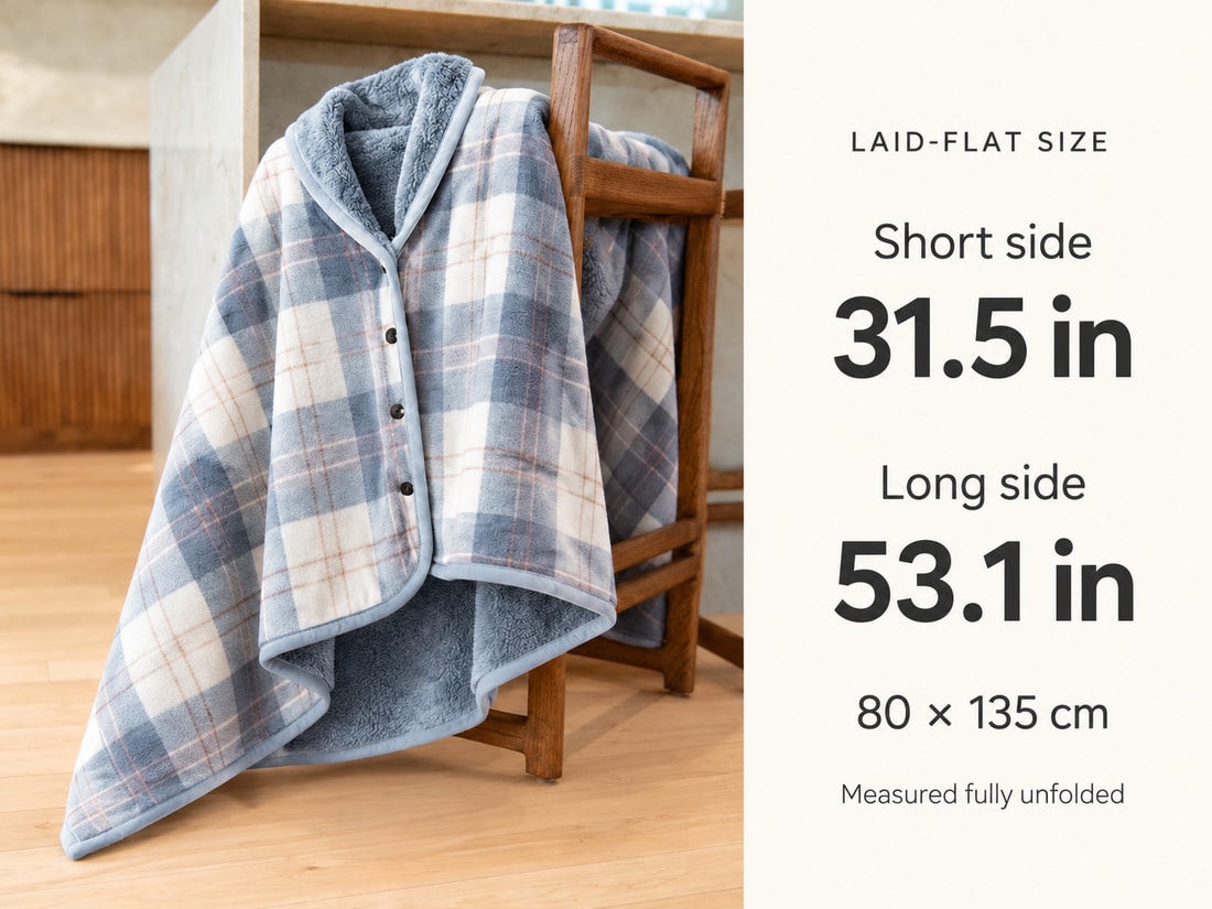 Blue Plaid blanket wrap photograph with approximate laid-flat measurements: 31.5 inches on the short side and 53.1 inches on the long side.
